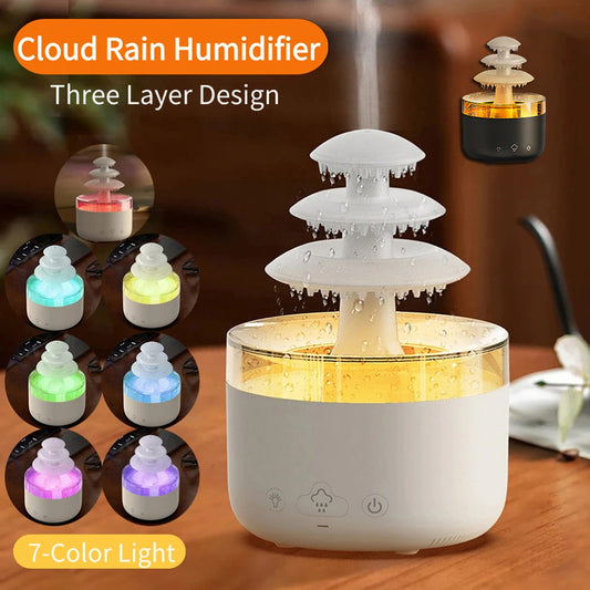Nuovo umidificatore d'aria a pioggia, diffusore di aromaterapia con oli essenziali, umidificatore a nebbia silenzioso con luce colorata