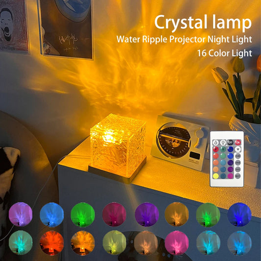 LED night light, crystal table lamp with rotating water effect projection, 16 interchangeable colors.